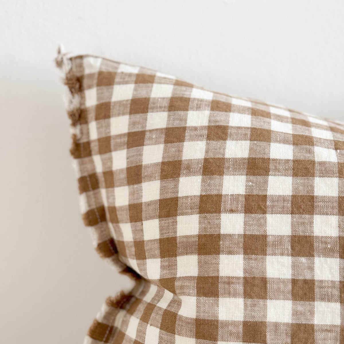 Esmee Fringed Linen Cushion 50x30 – Brown Gingham