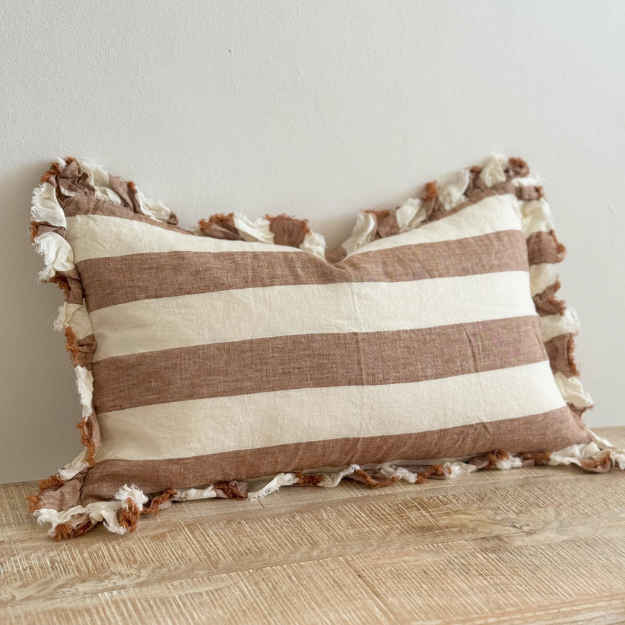 Hallie Ruffled Linen Cushion 50x30 – Rust Wide Stripe