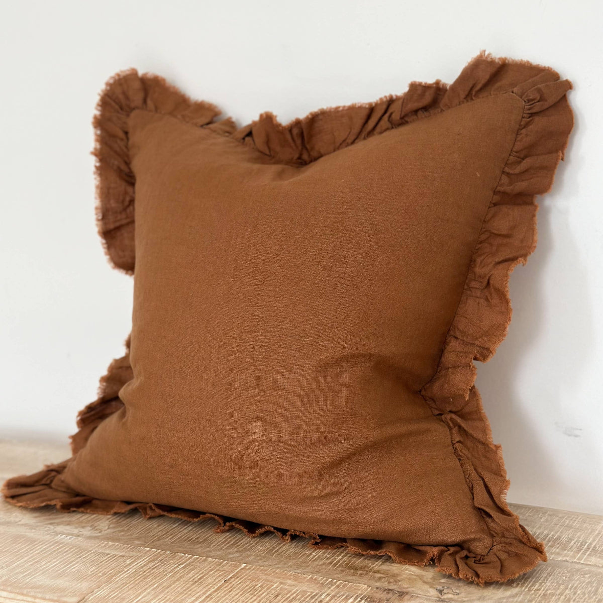 Hallie Ruffled Linen Cushion – Rust: 45 x 45 cm