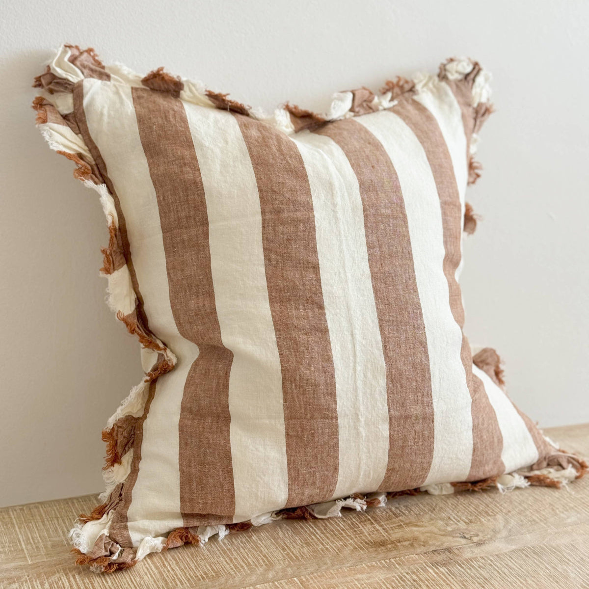 Hallie Ruffled Linen Cushion 45x45cm – Wide Rust Stripe