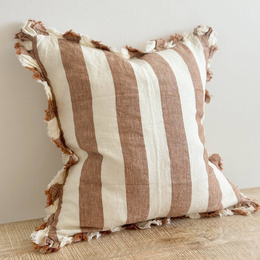 Hallie Ruffled Linen Cushion 45x45cm – Wide Rust Stripe