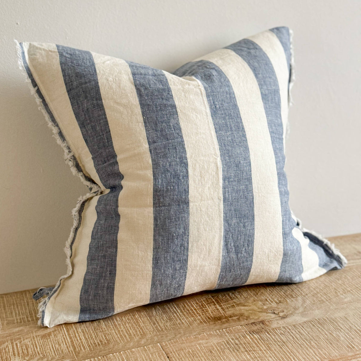 Esmee Fringed Linen Cushion Wide Blue Stripe 45 x 45
