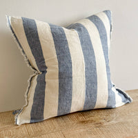 Thumbnail for Esmee Fringed Linen Cushion Wide Blue Stripe 45 x 45