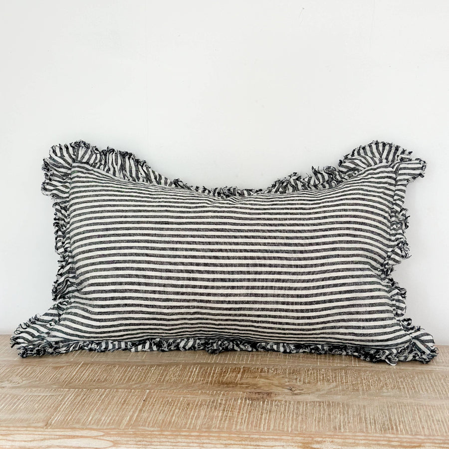 Hallie Ruffled Linen Cushion 50x30 – Charcoal Stripe