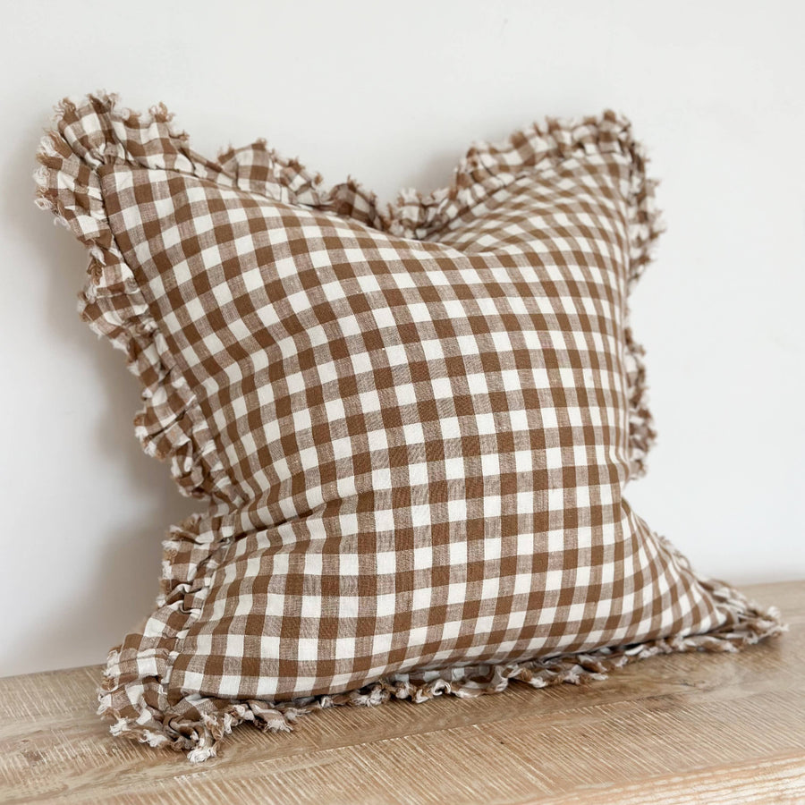 Hallie Ruffled Linen Cushion Brown Gingham 45cm x 45cm