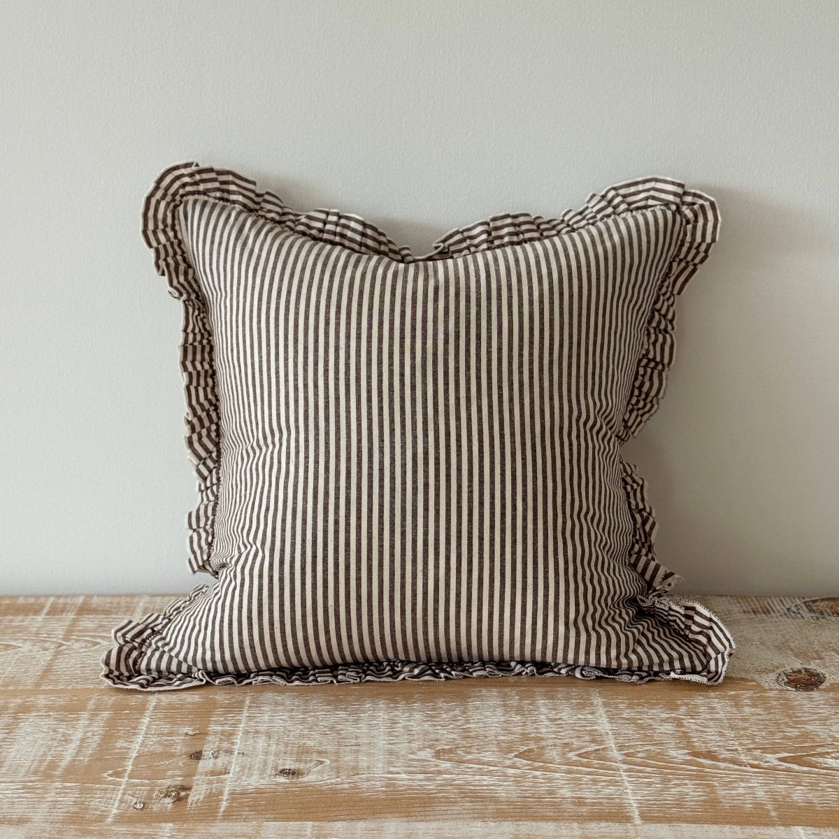 Darcy Ruffle Cotton Cushion 45x45 - Dark Brown Stripe