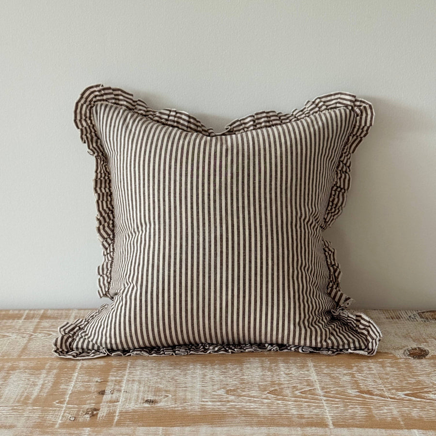 Darcy Ruffle Cotton Cushion 45x45 - Dark Brown Stripe