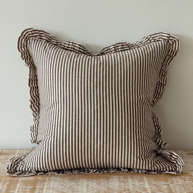 Darcy Ruffle Cotton Cushion 65x65 - Dark Brown Stripe