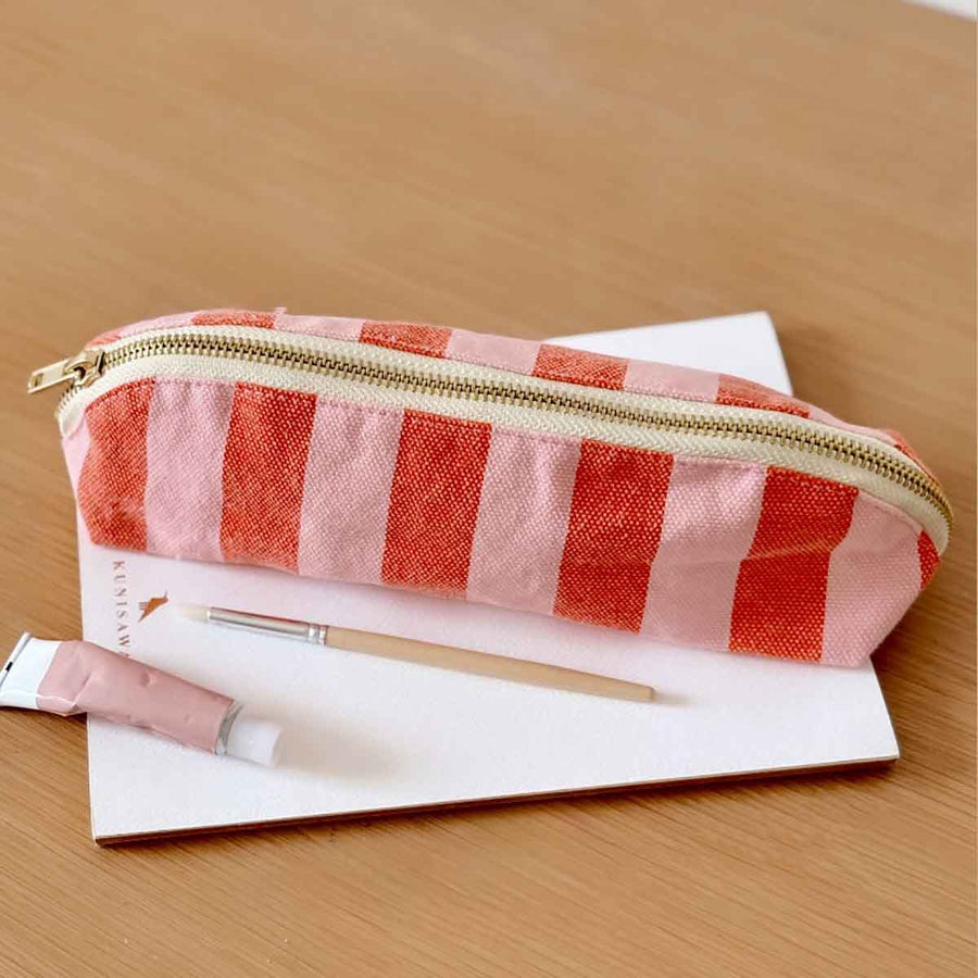 PENCIL CASE GASTON STRIPES TOMATO / CANDY PINK