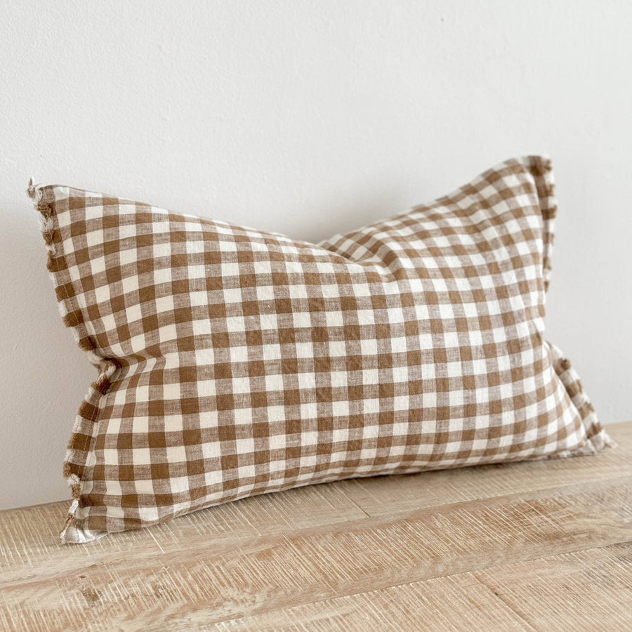 Esmee Fringed Linen Cushion 50x30 – Brown Gingham