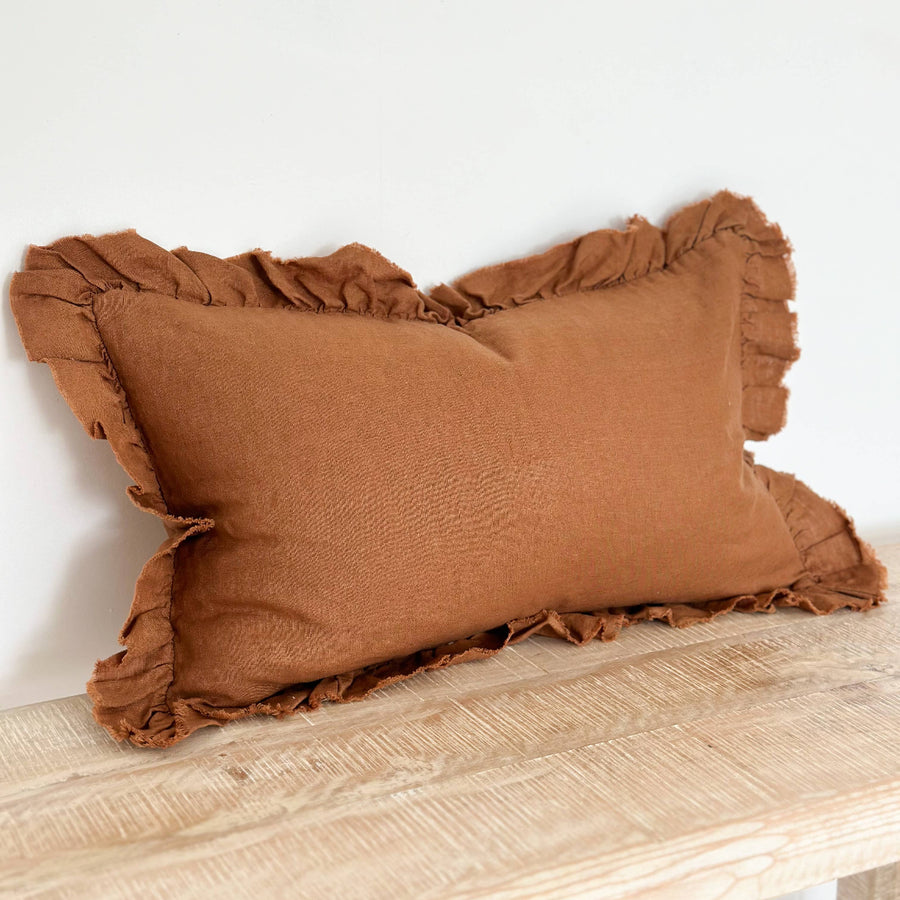 Hallie Ruffled Linen Cushion 50x30 – Rust