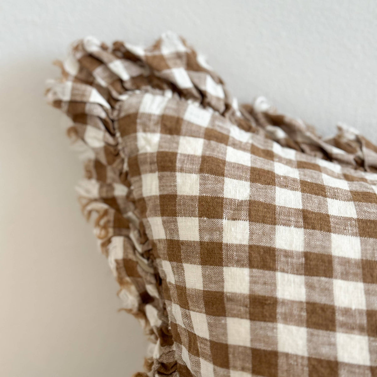 Hallie Ruffled Linen Cushion 50x30 – Brown Gingham