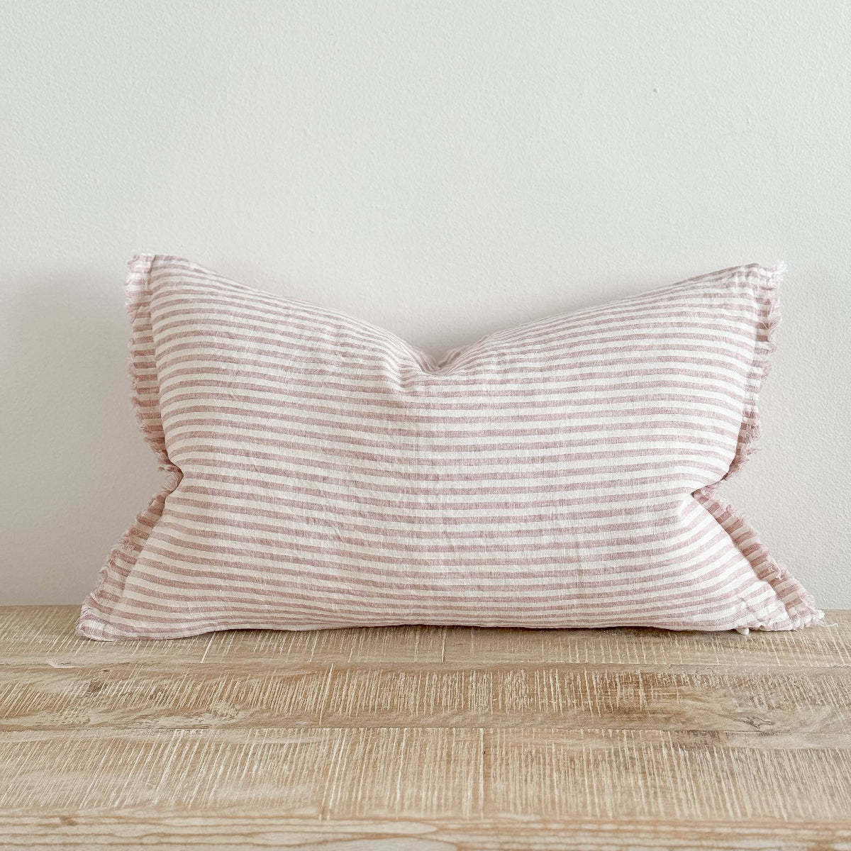 Esmee Fringed Linen Cushion 50x30 – Pink & Cream Stripe