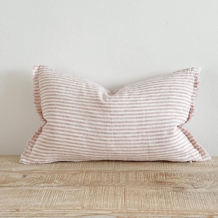Esmee Fringed Linen Cushion 50x30 – Pink & Cream Stripe
