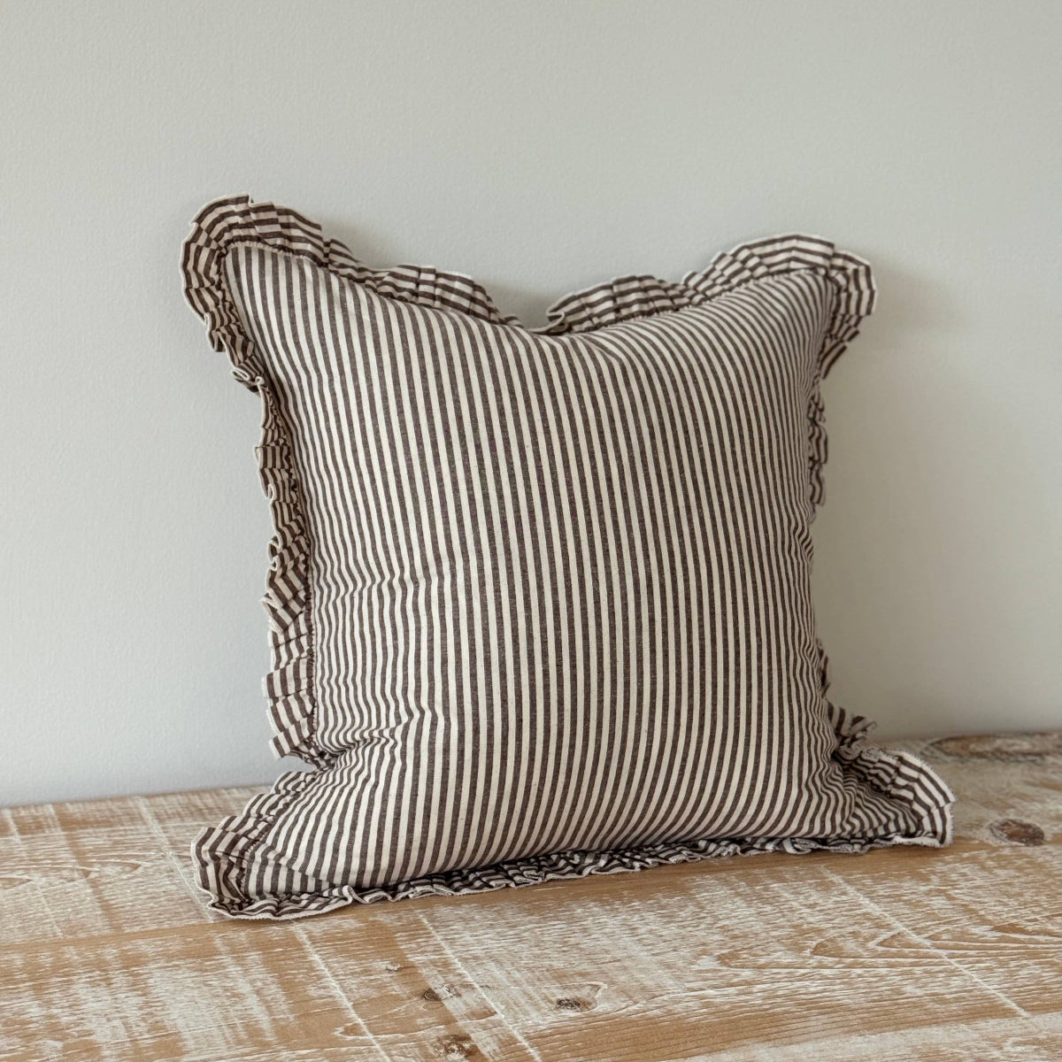Darcy Ruffle Cotton Cushion 45x45 - Dark Brown Stripe