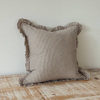 Thumbnail for Darcy Ruffle Cotton Cushion 45x45 - Dark Brown Stripe