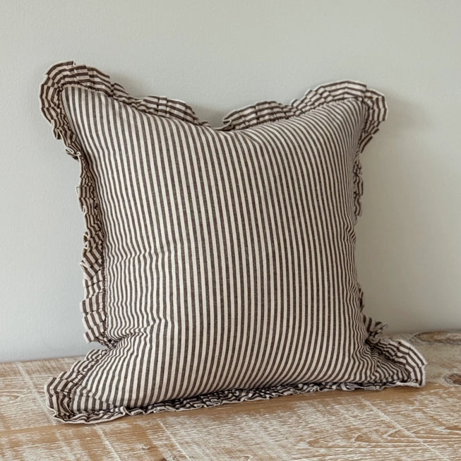 Darcy Ruffle Cotton Cushion 65x65 - Dark Brown Stripe