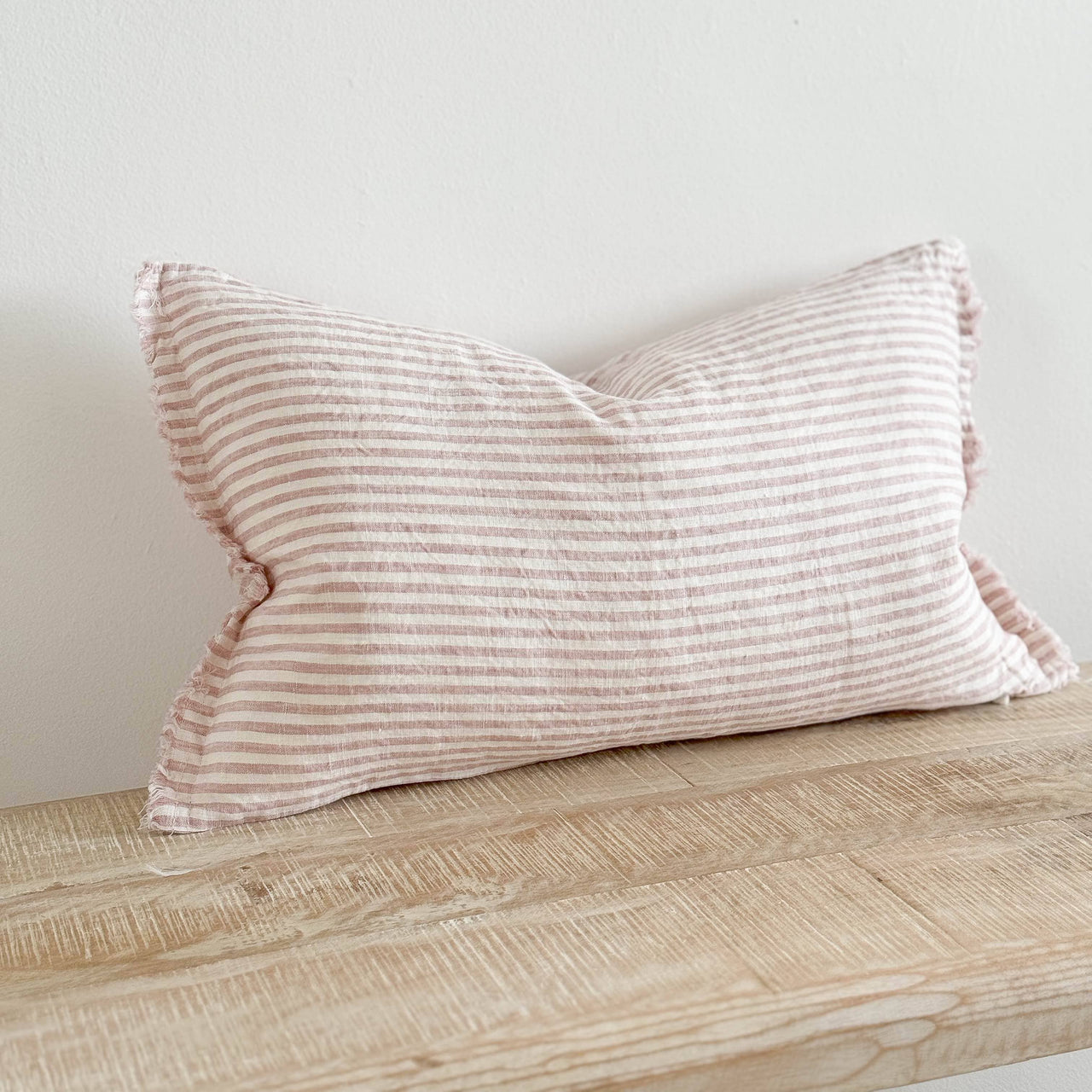 Esmee Fringed Linen Cushion 50x30 – Pink & Cream Stripe