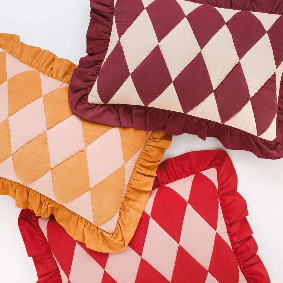 Harlequin cord cushion, mustard/peach
