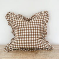 Thumbnail for Hallie Ruffled Linen Cushion Brown Gingham 45cm x 45cm