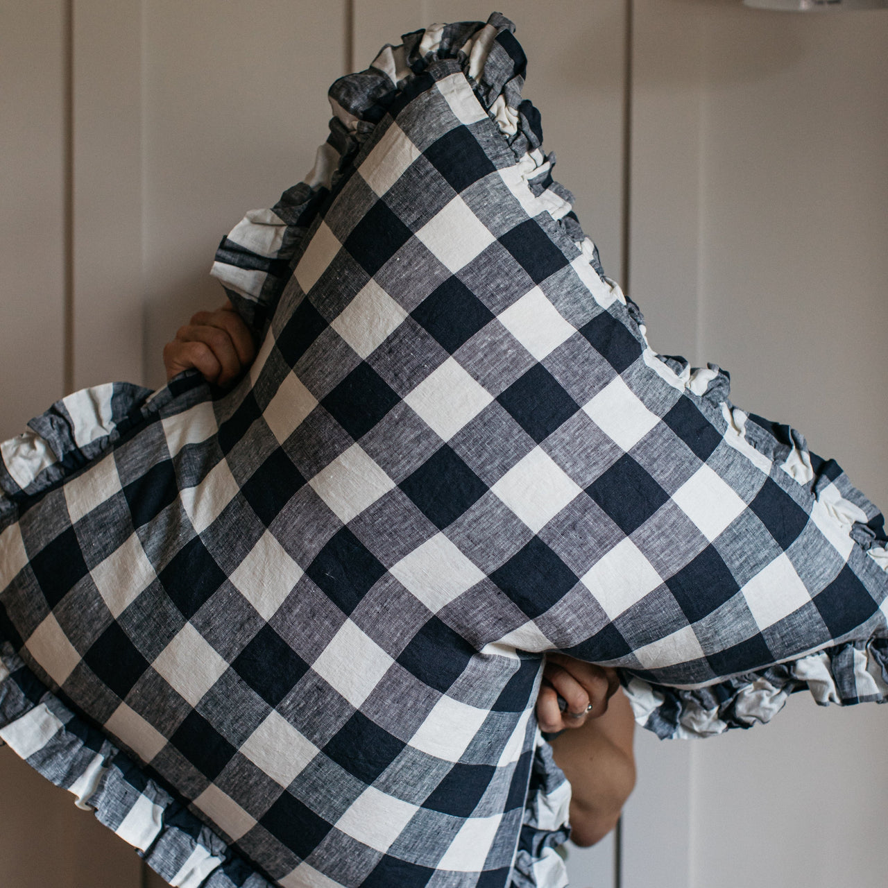 Olivia Ruffle Cushion - Midnight Gingham 60 x 60cm
