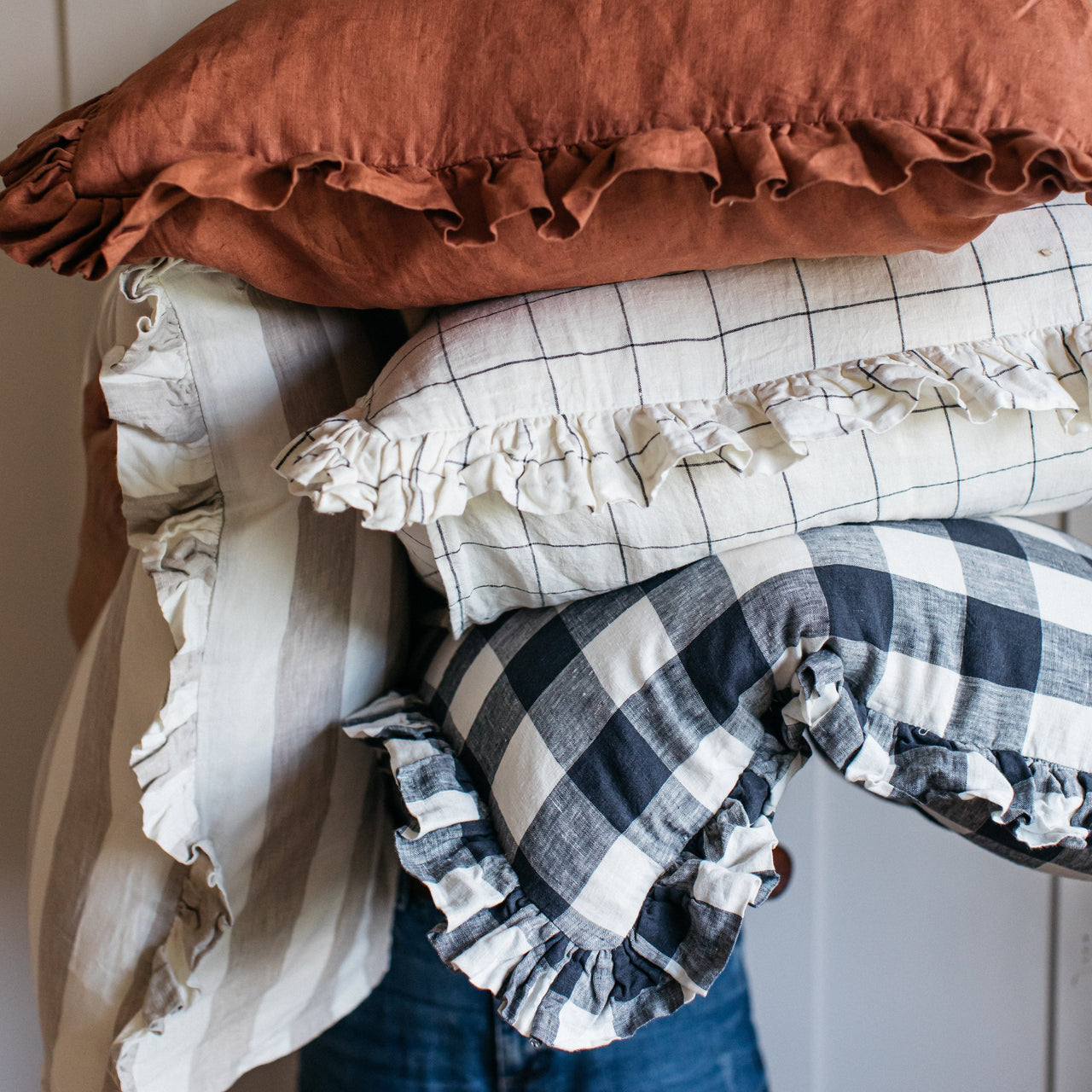 Olivia Ruffle Cushion - Natural Stripe 60 x 60cm