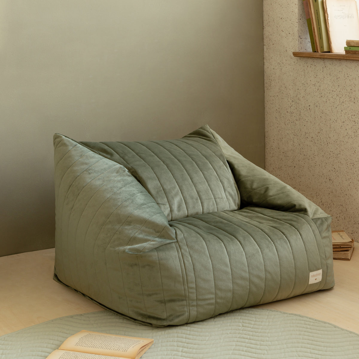 Nobodinoz Chelsea Velvet Beanbag - Olive Green 8435574921147