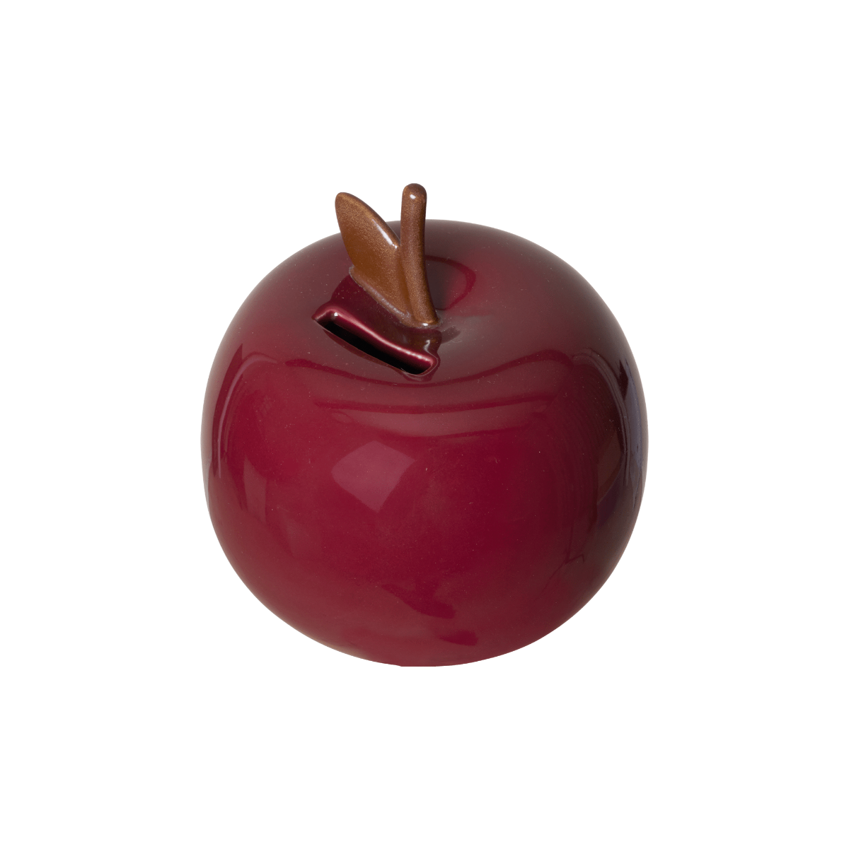 Red ceramic apple-shaped money box on a white background