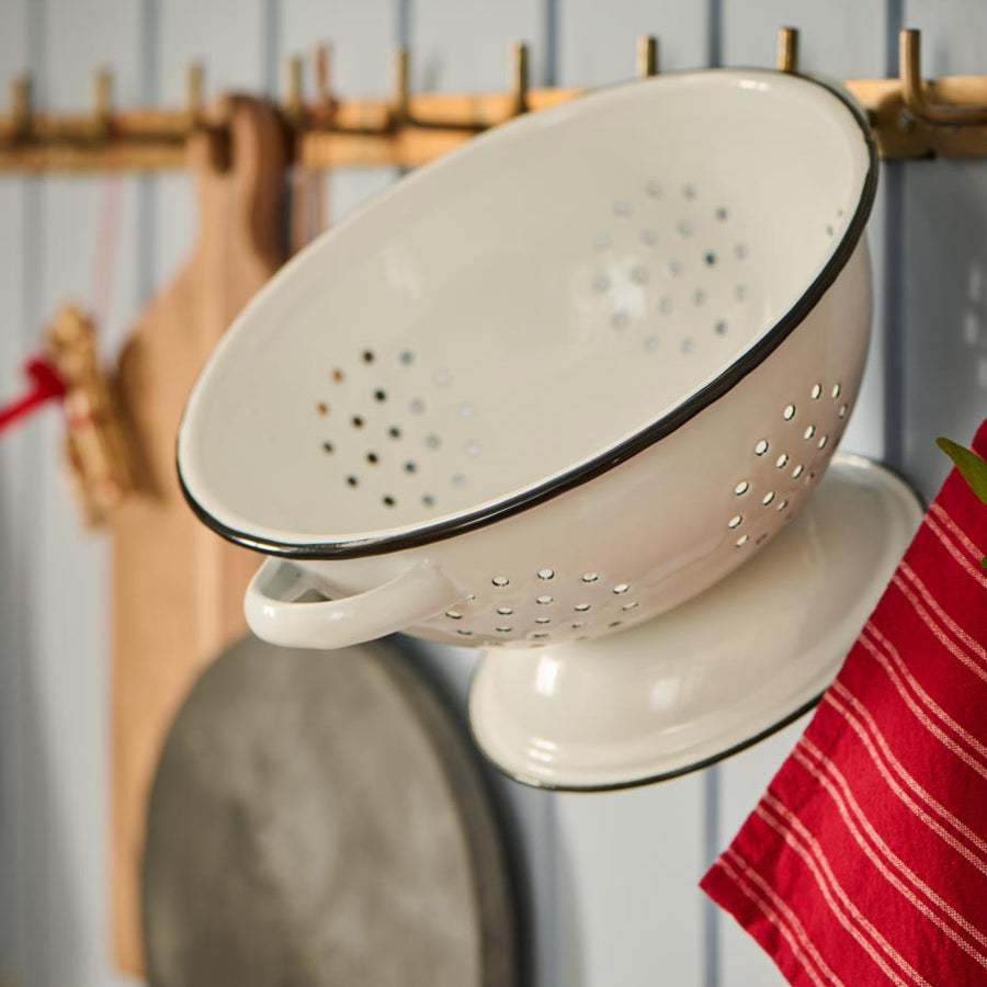 Colander Enamel White W/Black Rim