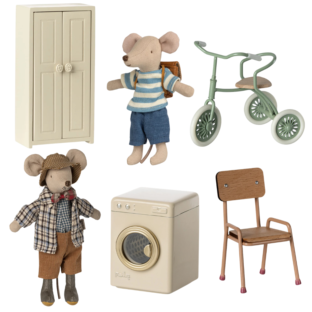 Maileg Utility Bundle with Grandad Mouse and Big Brother Mouse with Tricycle