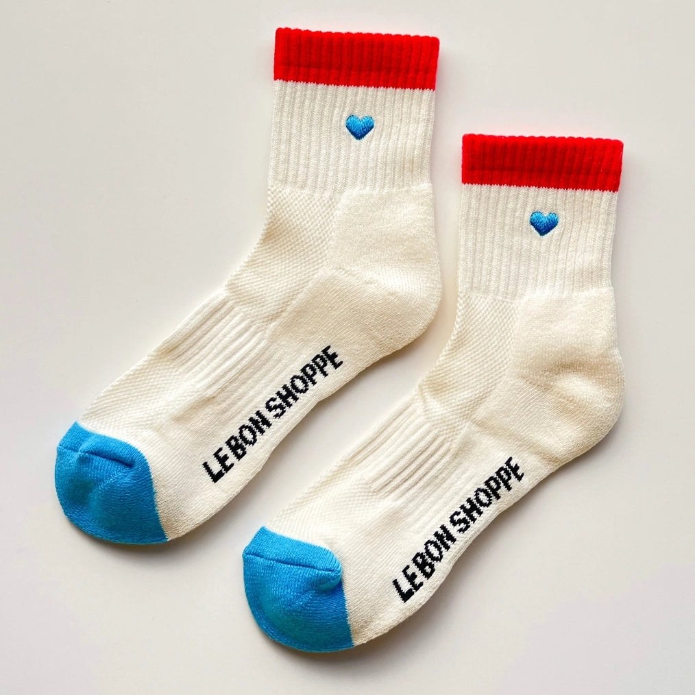 Embroidered Colour Block Girlfriend Socks Blue Red & Heart