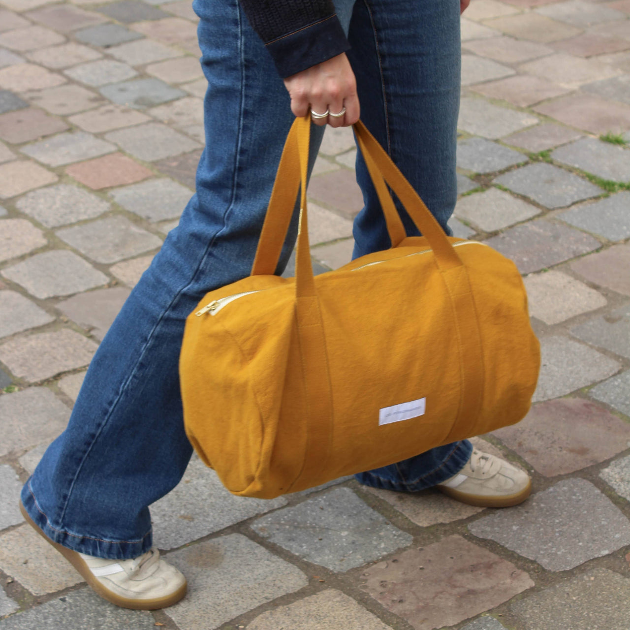 Mini bowling bag in saffron yellow organic cotton canvas