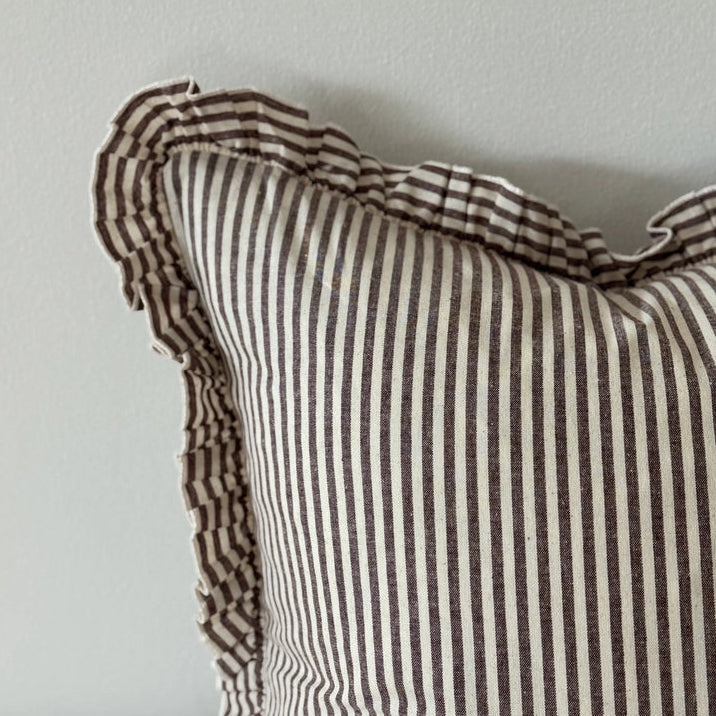 Darcy Ruffle Cotton Cushion 65x65 - Dark Brown Stripe