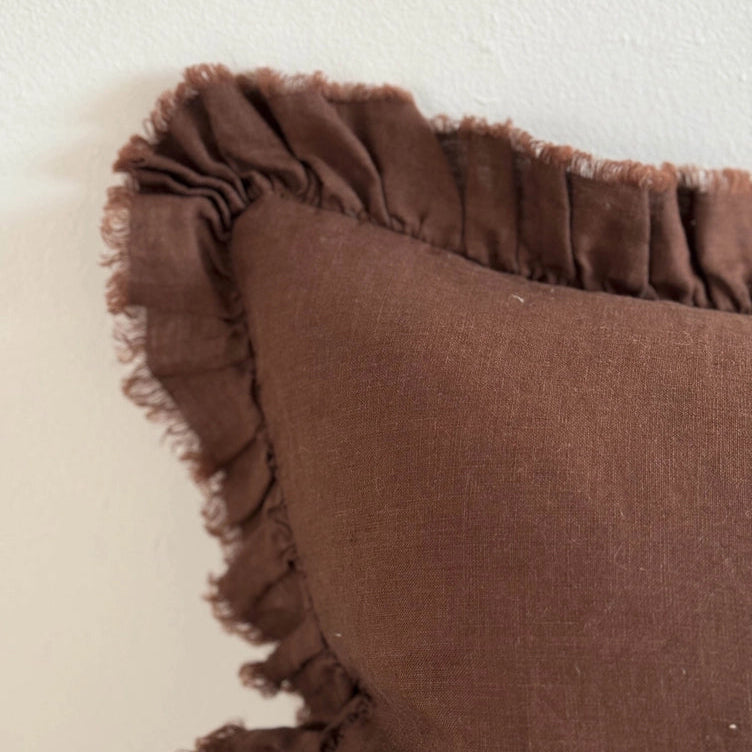 Hallie Ruffled Linen Cushion Cover 50x30 – Dark Brown