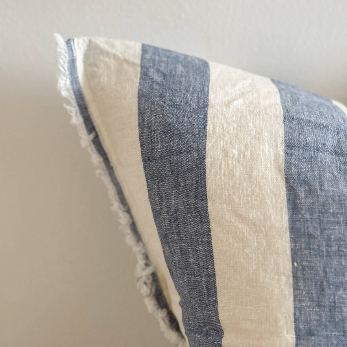 Esmee Fringed Linen Cushion Wide Blue Stripe 45 x 45 