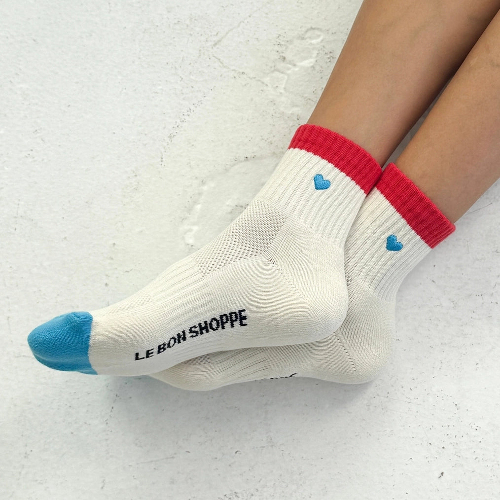 Embroidered Colour Block Girlfriend Socks Blue Red & Heart