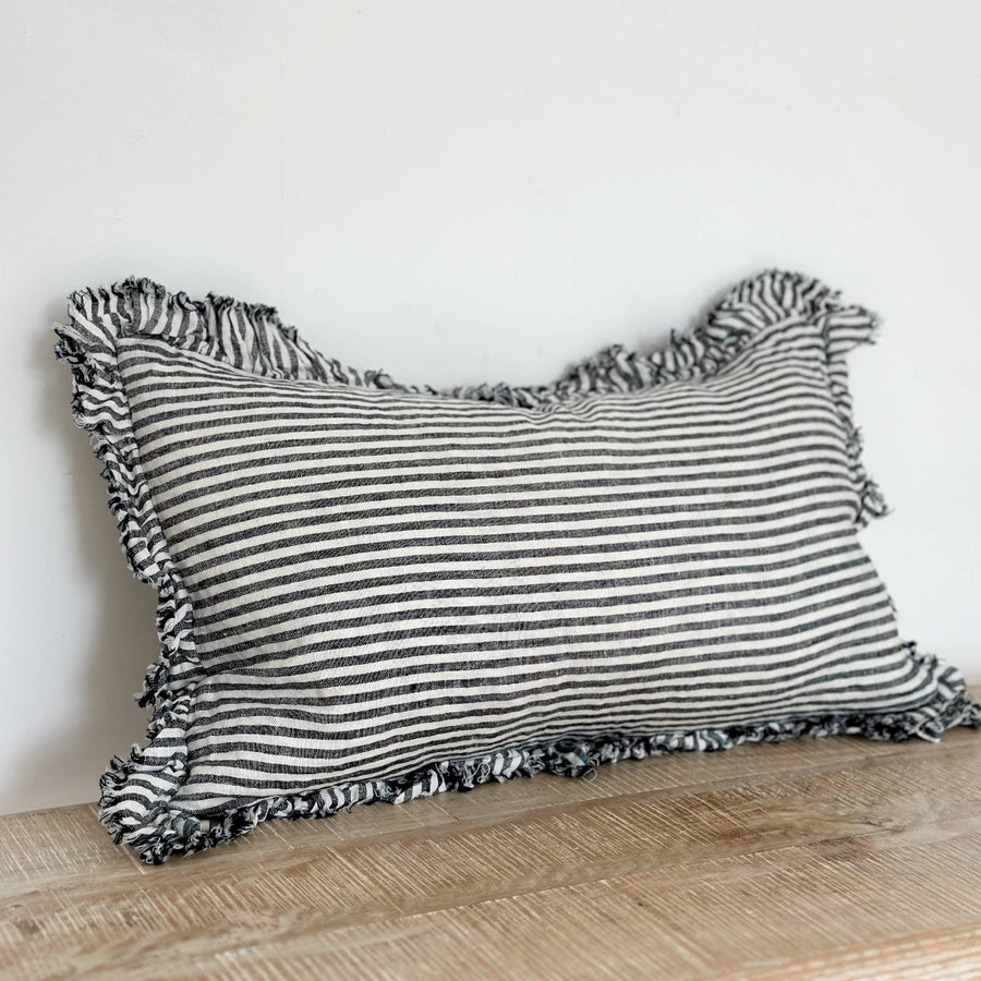 Hallie Ruffled Linen Cushion 50x30 – Charcoal Stripe