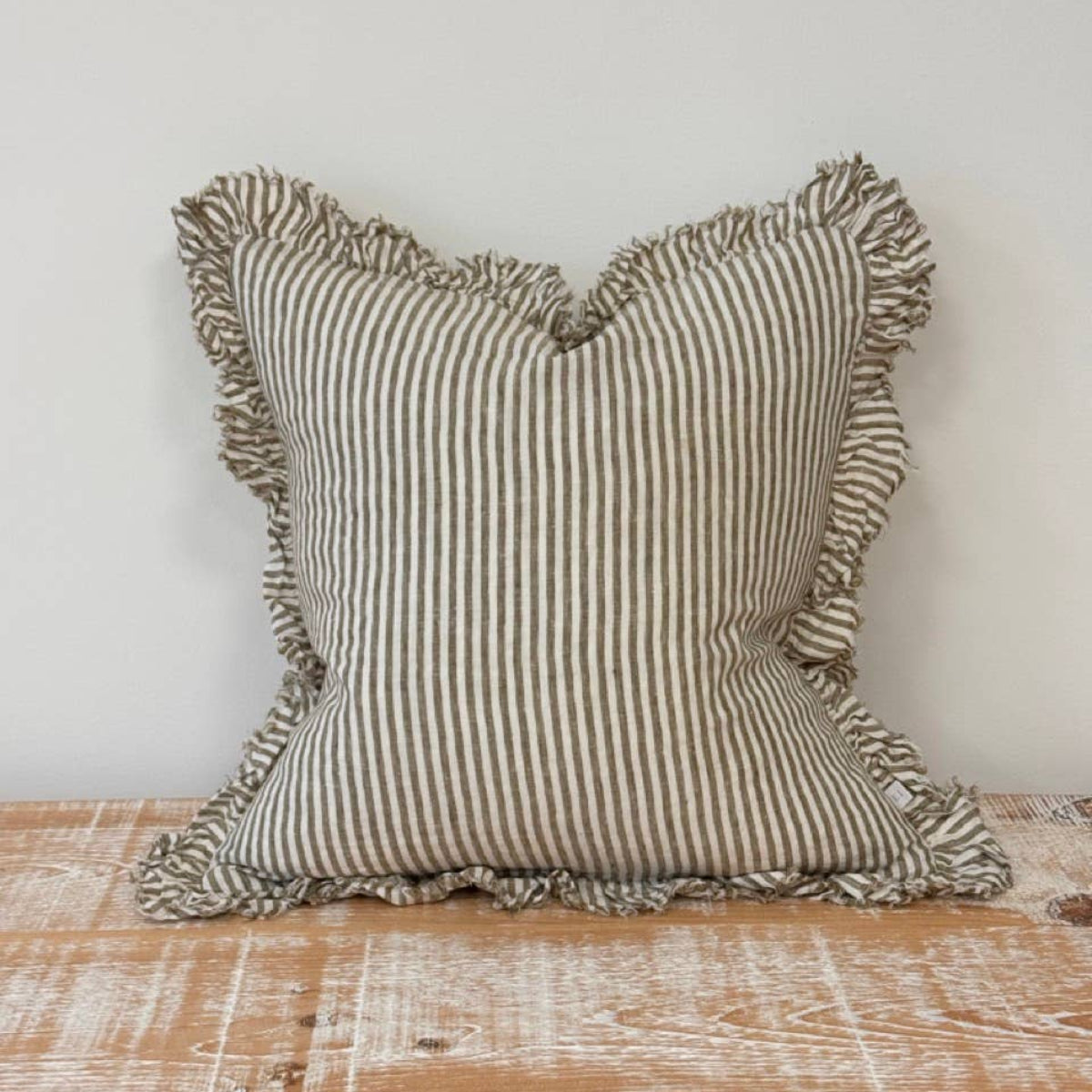 Hallie Ruffled Linen Cushion – Olive Stripe: 53 x 53 cm