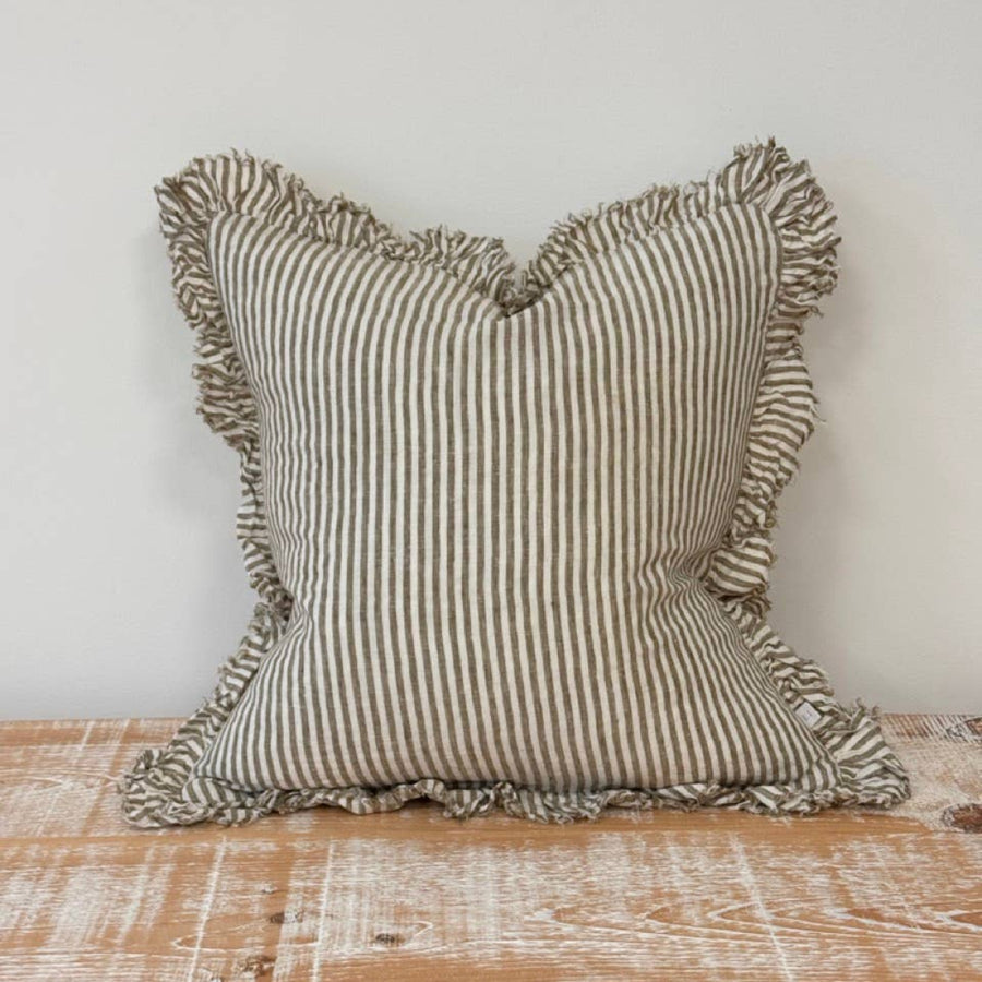 Hallie Ruffled Linen Cushion – Olive Stripe: 53 x 53 cm