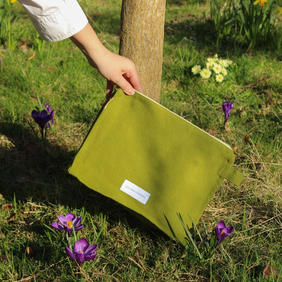 Moss green toiletry bag in thick organic cotton canvas.