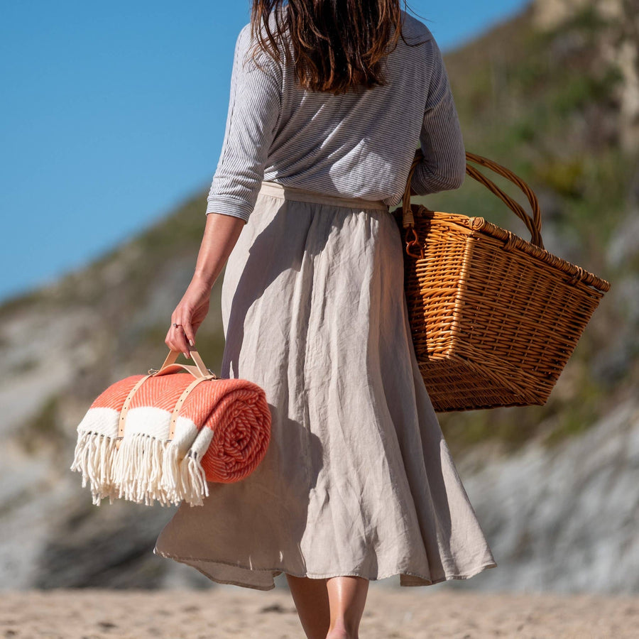 Coral Herringbone Wool Picnic Blanket