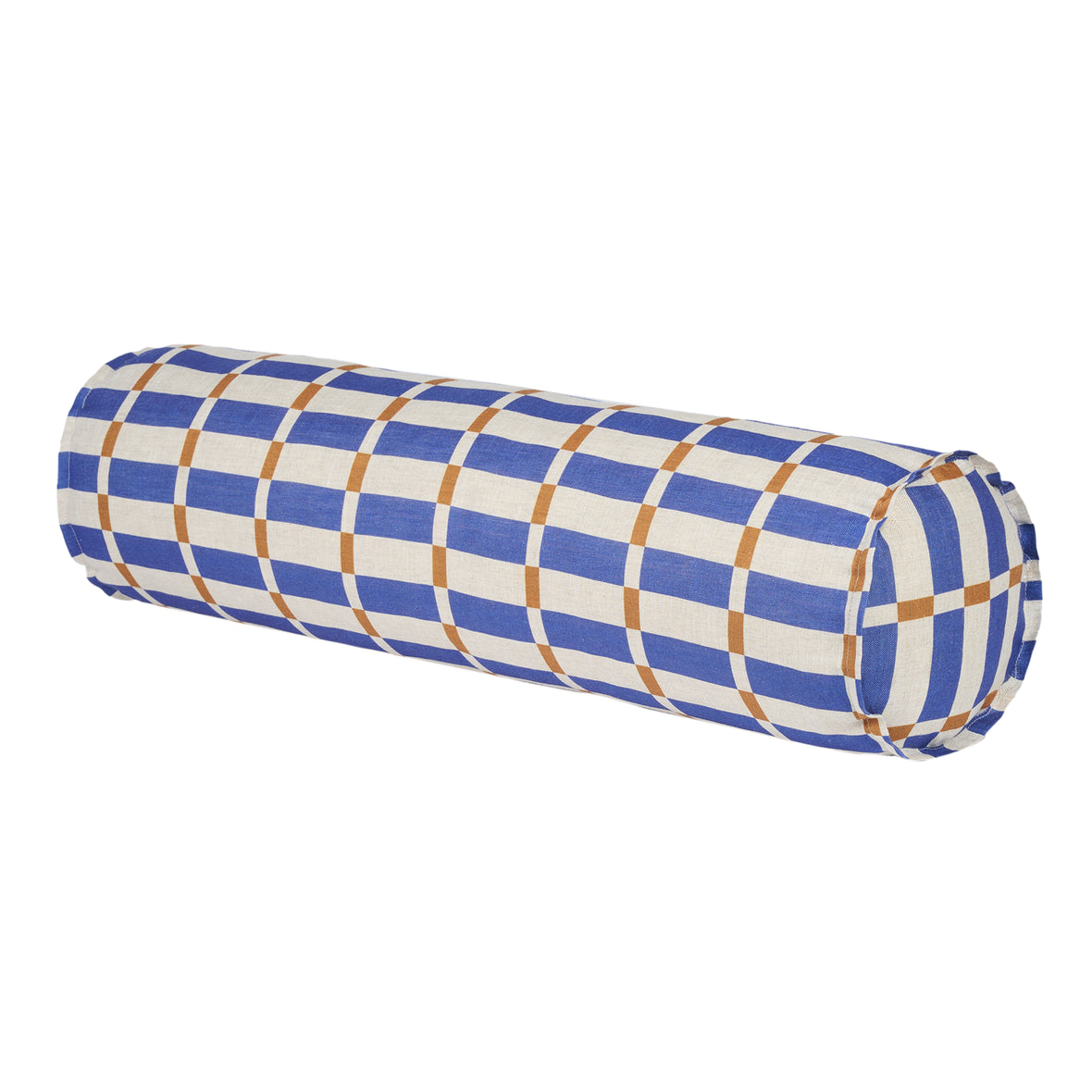 Cylinder Cushion In French Linen Cliff - Blue Mustard Mosaic