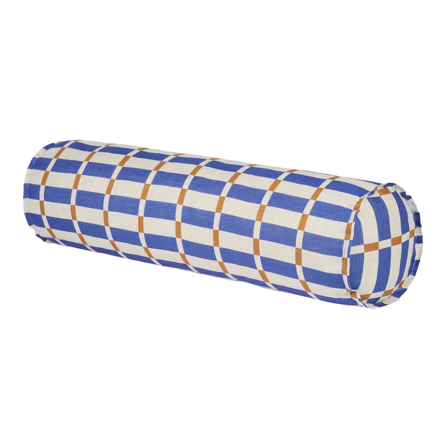 Cylinder Cushion In French Linen Cliff - Blue Mustard Mosaic