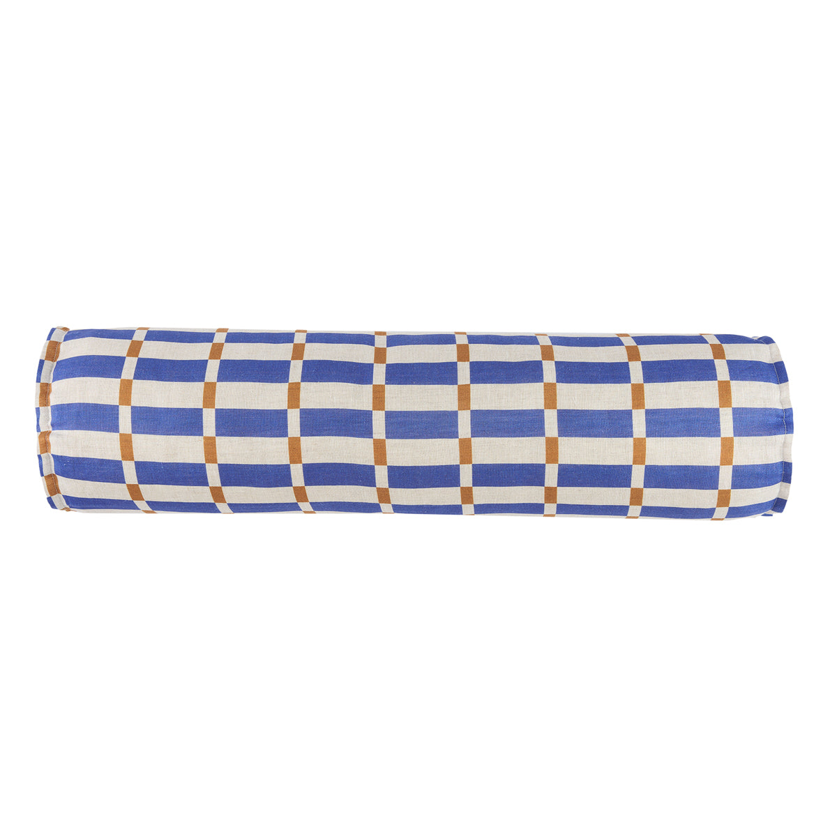 Cylinder Cushion In French Linen Cliff - Blue Mustard Mosaic