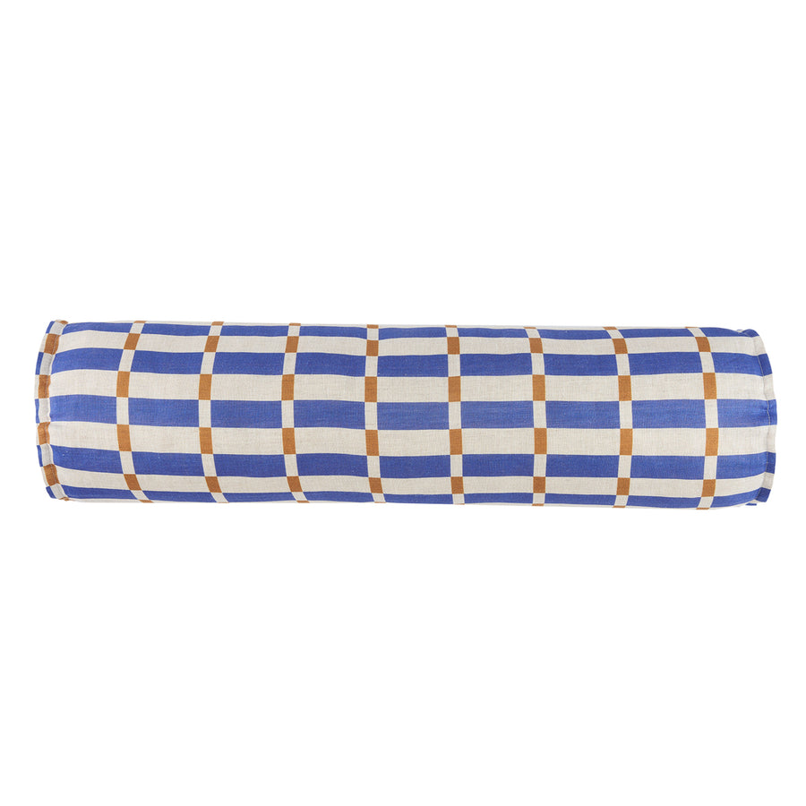 Cylinder Cushion In French Linen Cliff - Blue Mustard Mosaic
