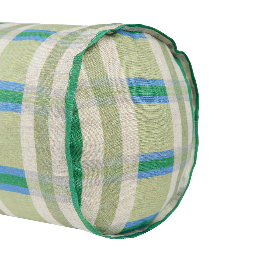 Cylinder Cushion In French Linen Cliff - Green Tartan