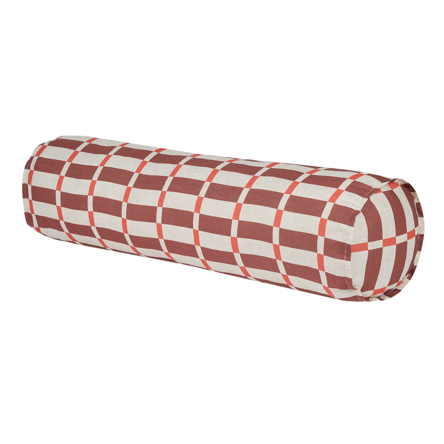 Cylinder Cushion In French Linen Cliff - Maroon Red Mosaic