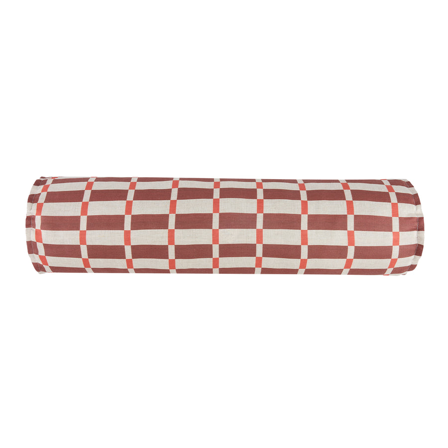 Cylinder Cushion In French Linen Cliff - Maroon Red Mosaic