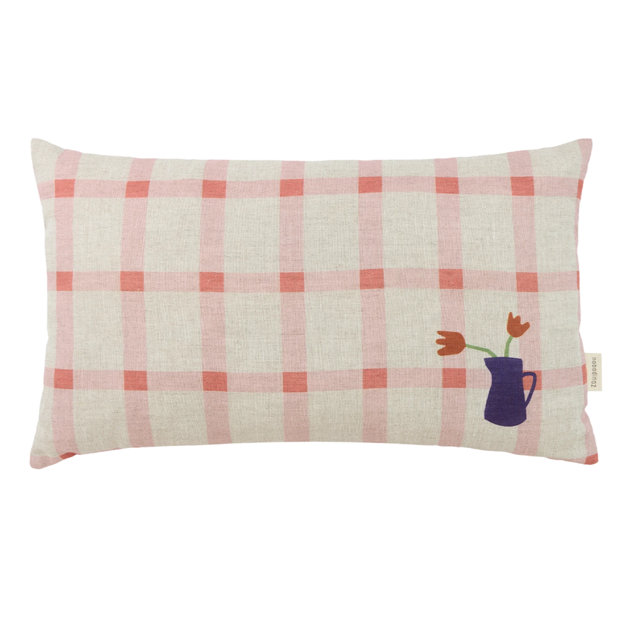 Nobodinoz Rectangular cushion in French linen Vibes M Pink Windowpane Tulips