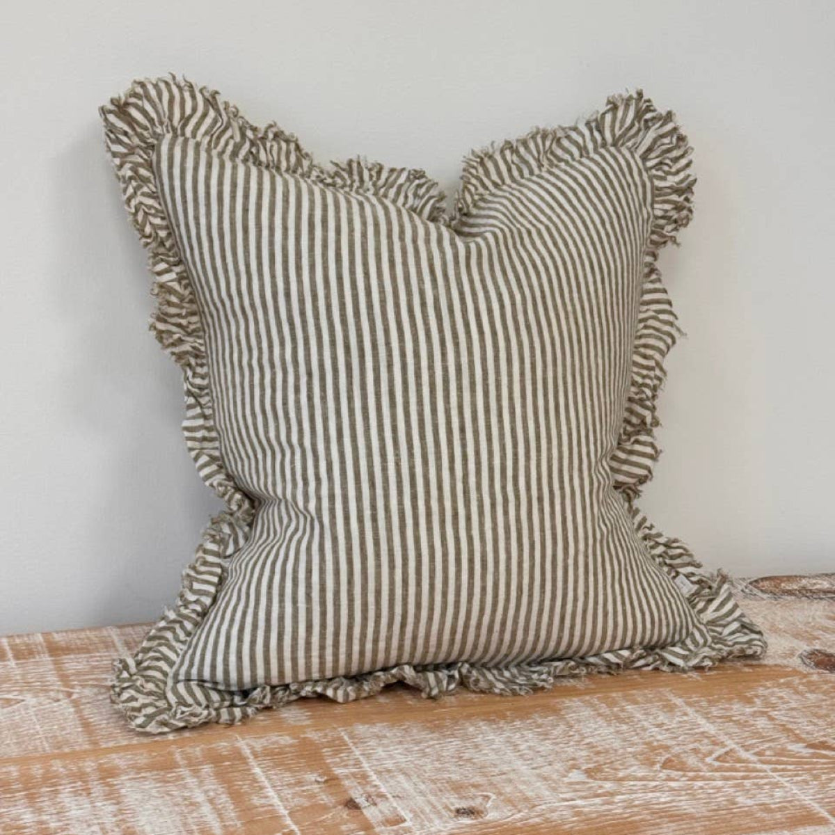 Hallie Ruffled Linen Cushion – Olive Stripe: 53 x 53 cm